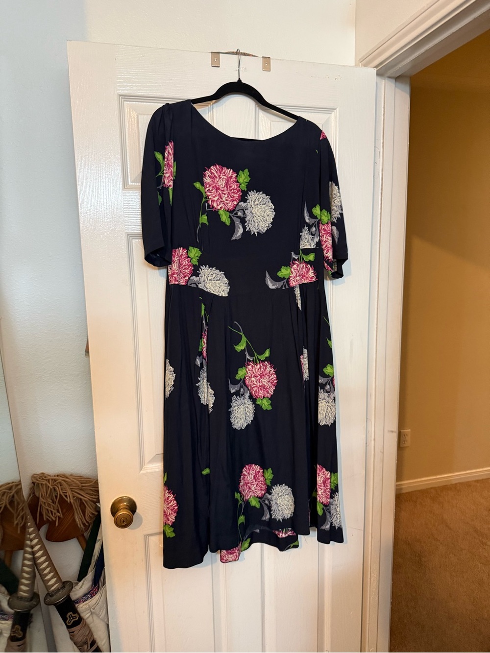 Modcloth Navy Midi Dress with Pink & White Floral Print